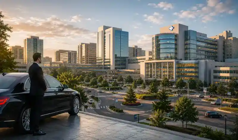 Houston healthcare system overview featuring the Texas Medical Center and luxury medical transportation services.